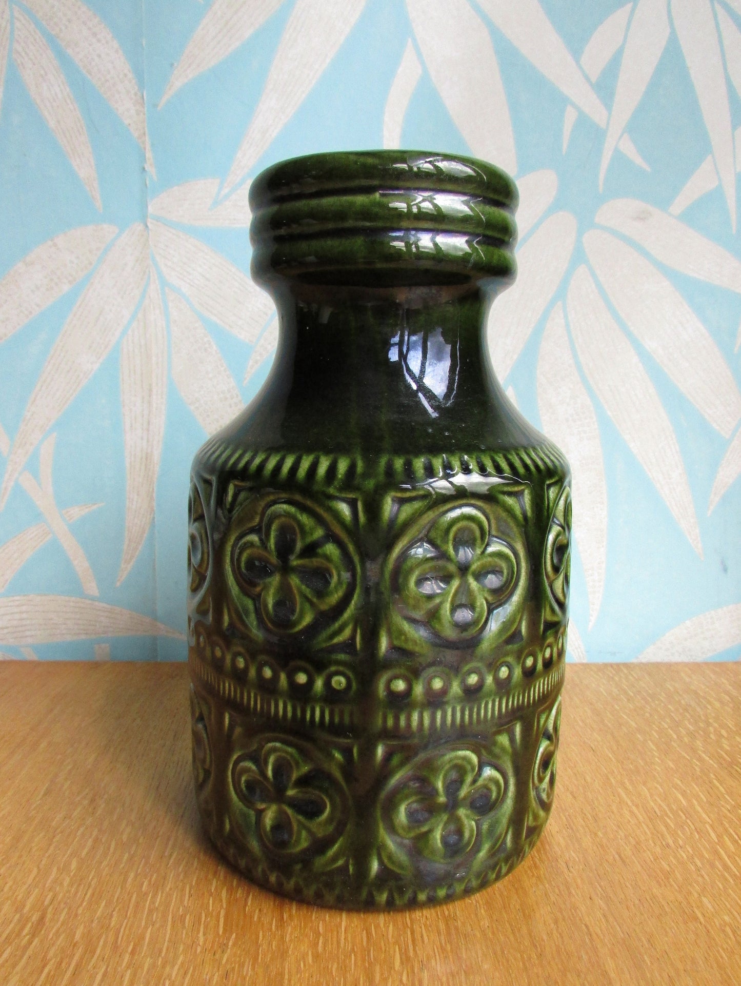 1970s Scheurich, West Germany, dark green 'Foligna' textured handled art vase