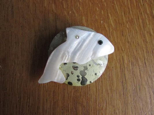 Home-made brooch using vintage Mother of Pearl fish and metal patterned disc earring back