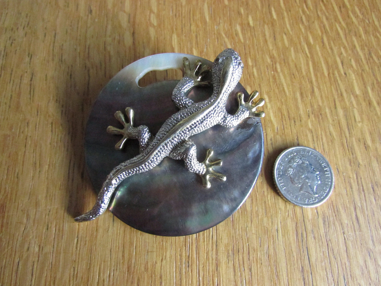 Home-made brooch using vintage silver & gold-tone gecko, and abalone round