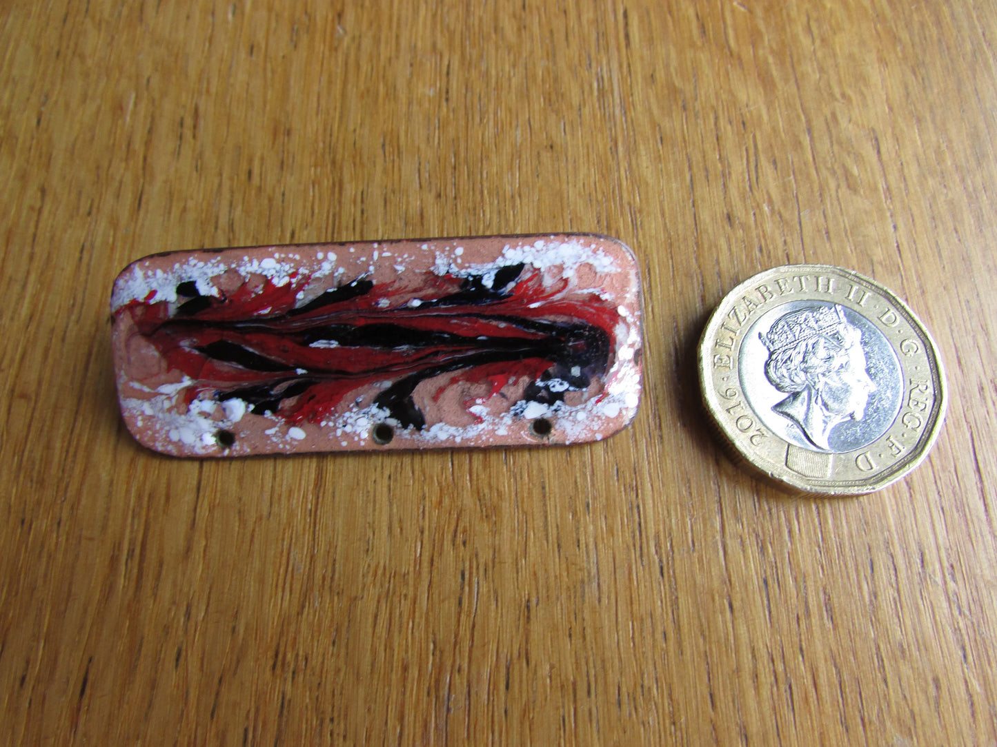 circa. 1960s studio art enamel abstract swirls on copper rectangular brooch