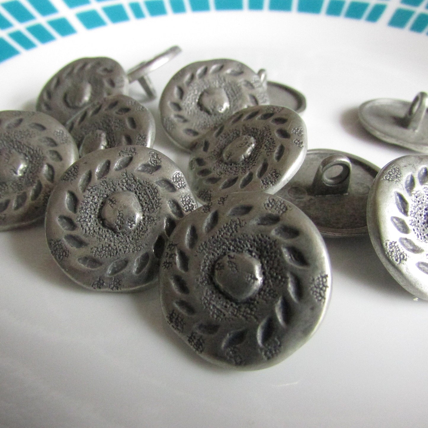 12 vintage hammered embossed round metal buttons