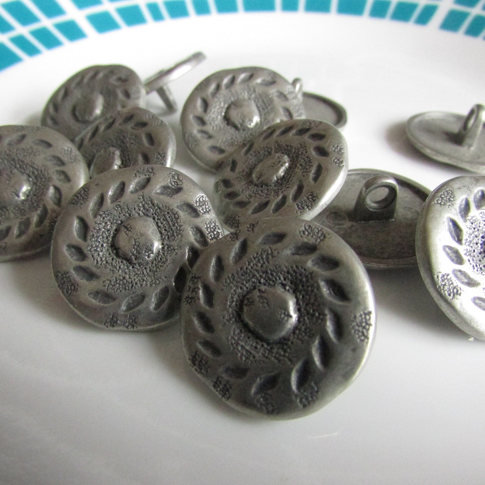12 vintage hammered embossed round metal buttons