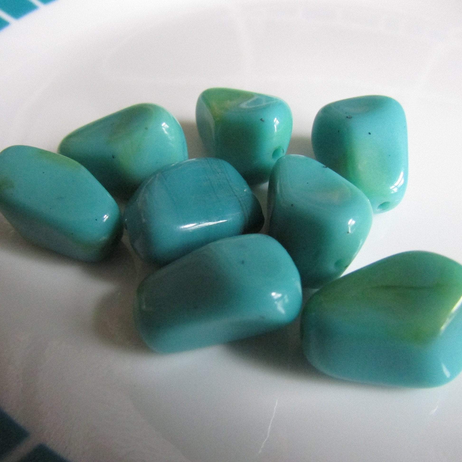 8 vintage streaked turquoise plastic trapezoid beads