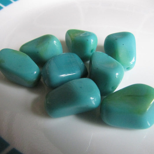 8 vintage streaked turquoise plastic trapezoid beads