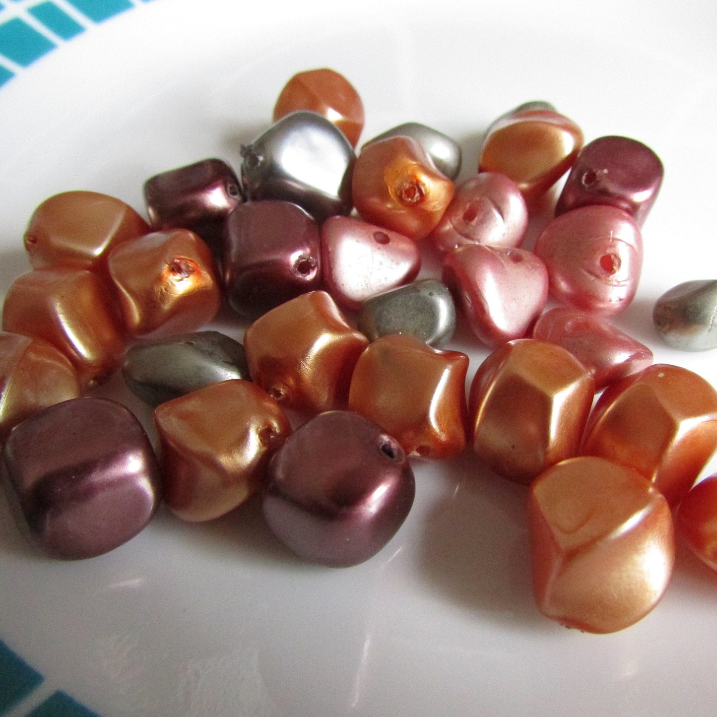 30 vintage metallic copper tone plastic rounded square beads