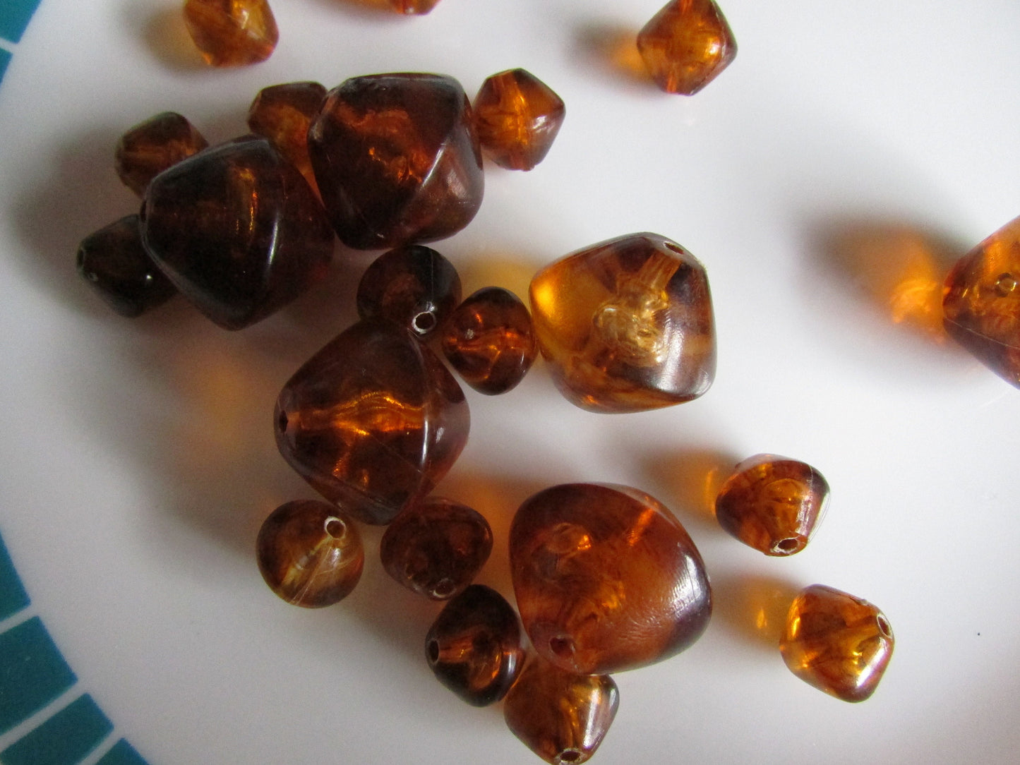 22 vintage translucent amber plastic octahedron-shaped beads