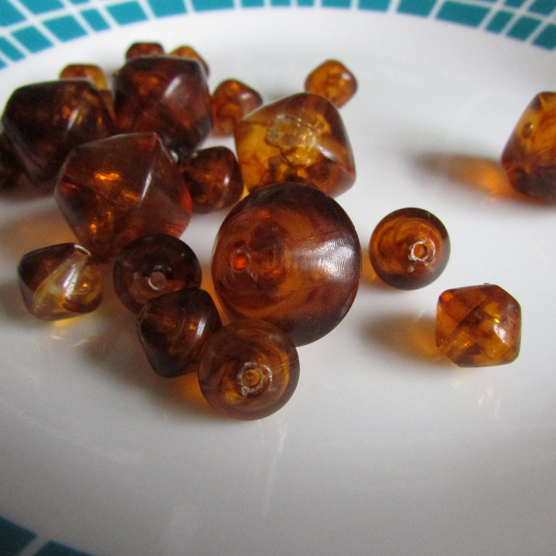 22 vintage translucent amber plastic octahedron-shaped beads