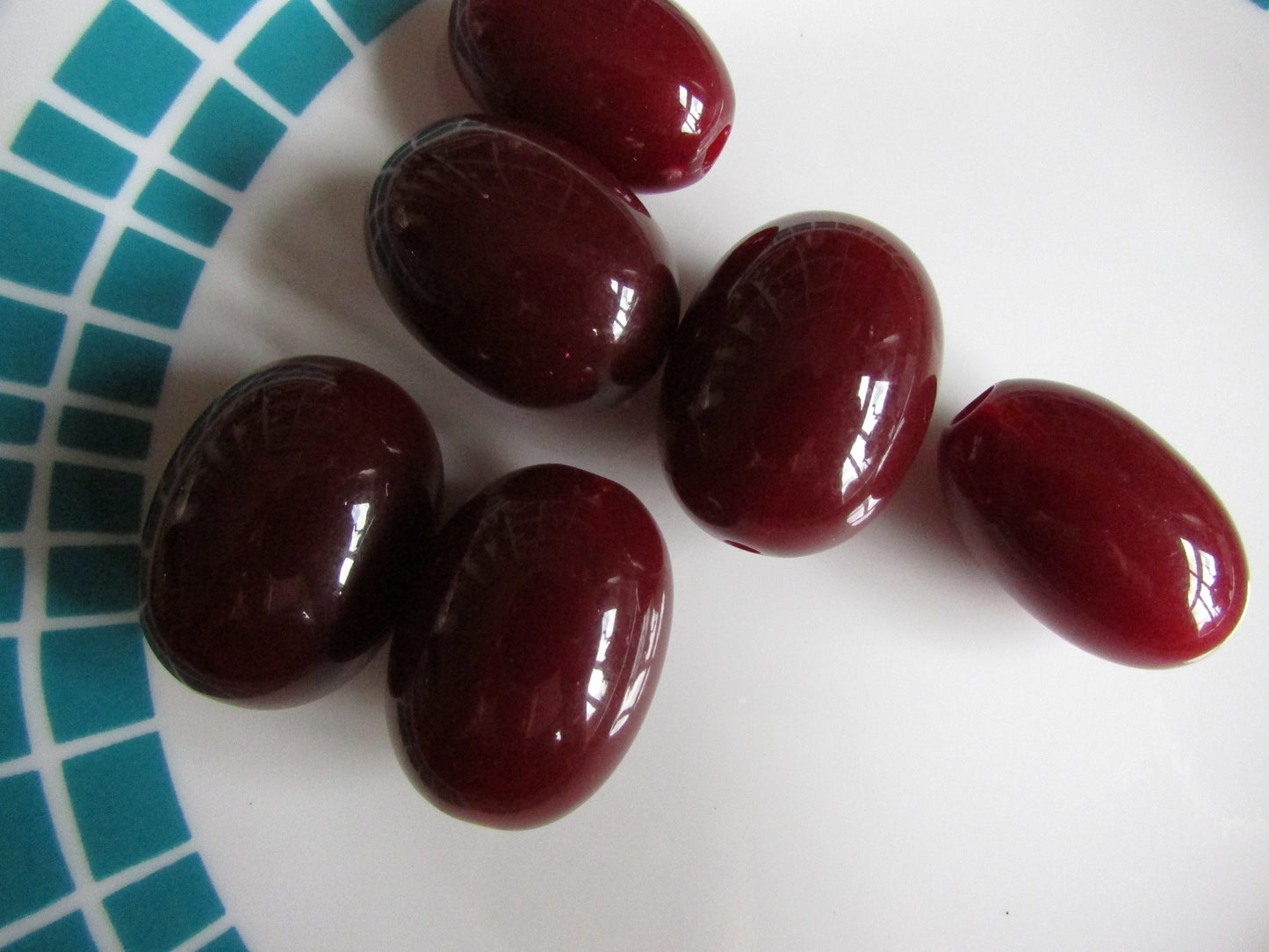 6 vintage large dark wine-coloured plastic olive-shaped beads