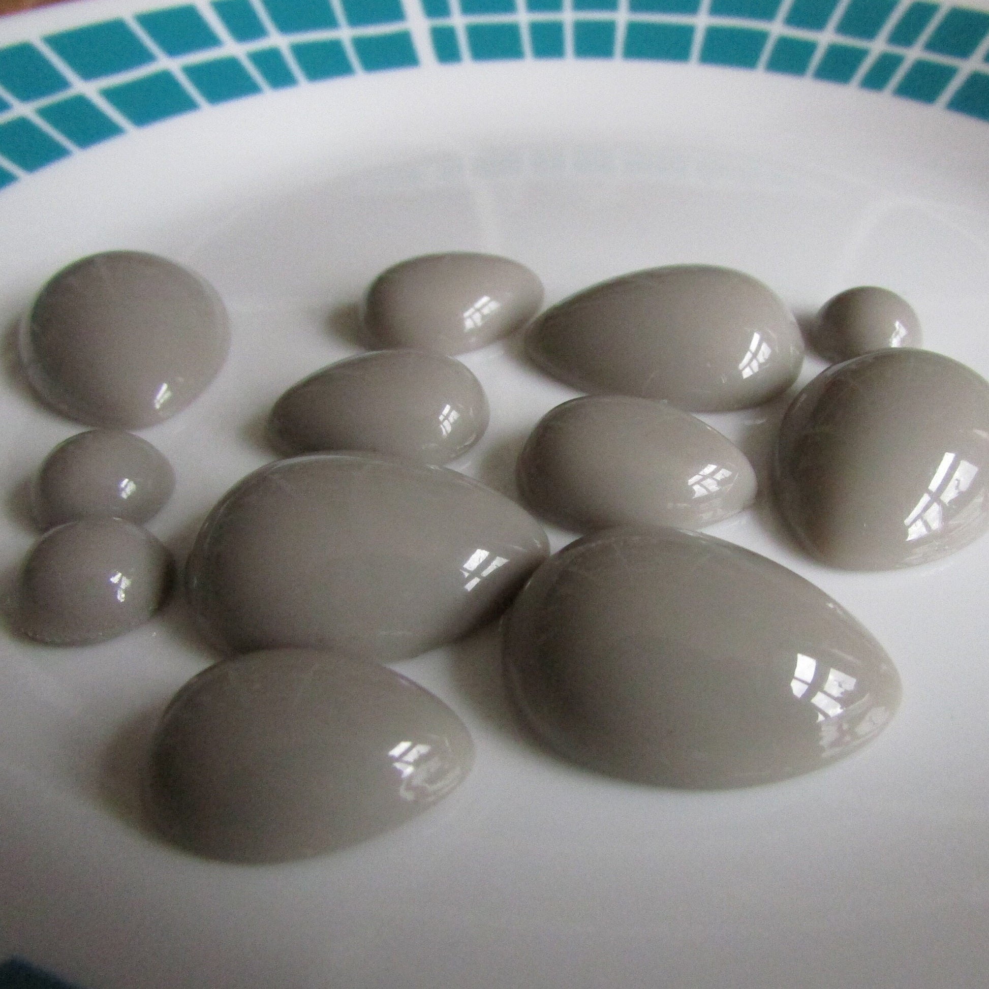 13 vintage grey half teardrop and round plastic cabochons