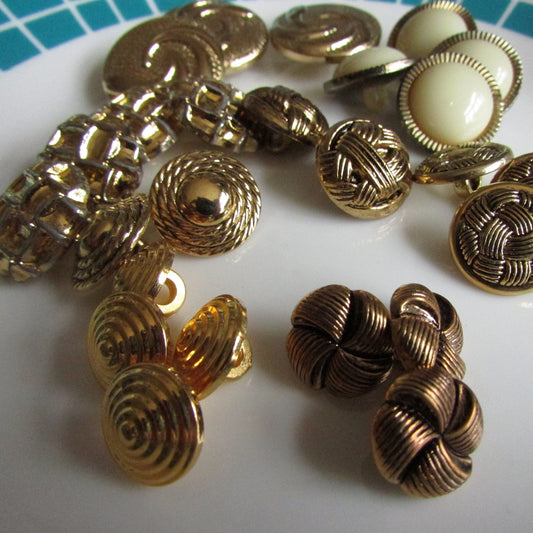 27 vintage assorted texture gold-tone round plastic buttons