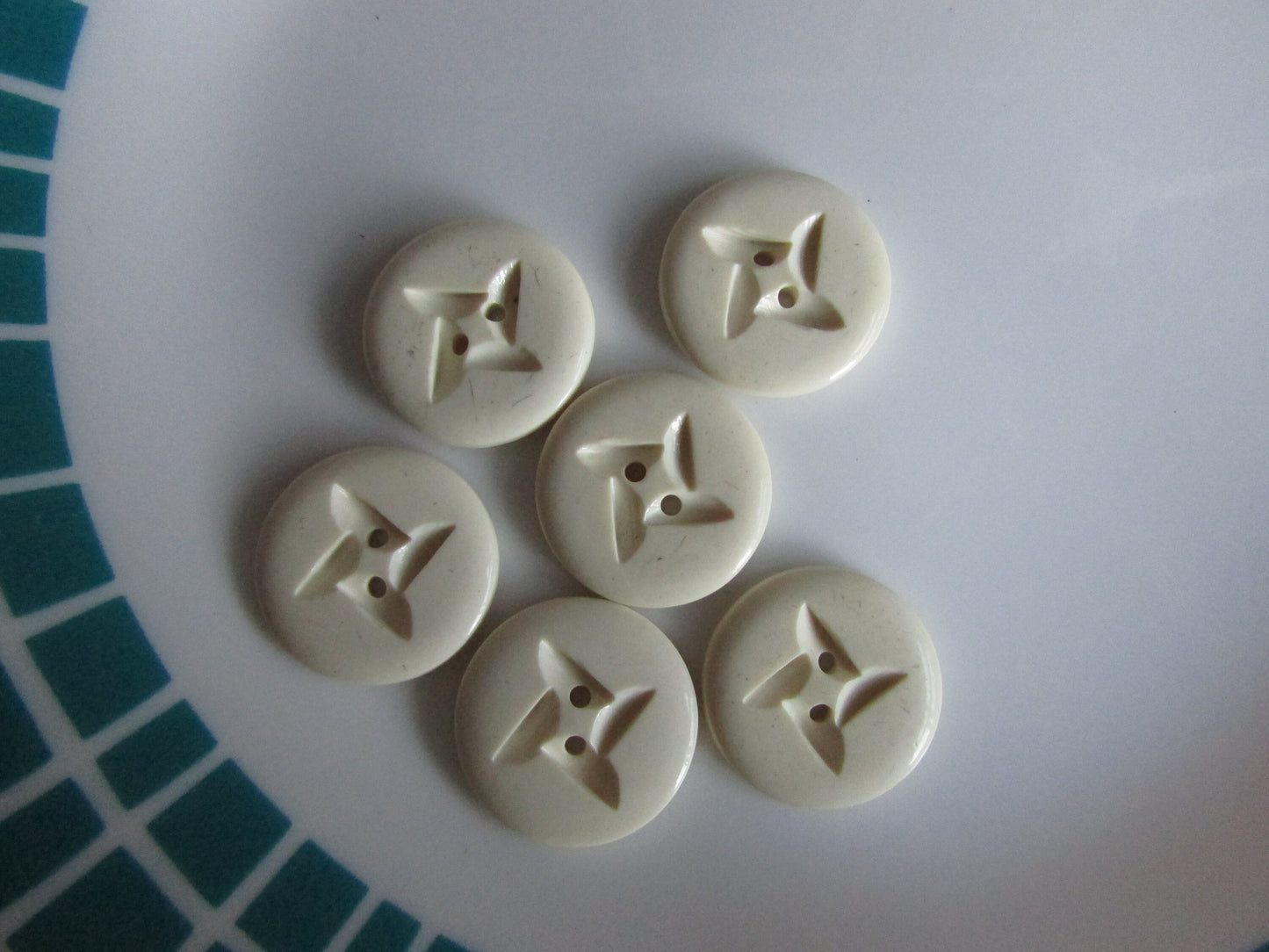 6 vintage cream/off-white round plastic buttons