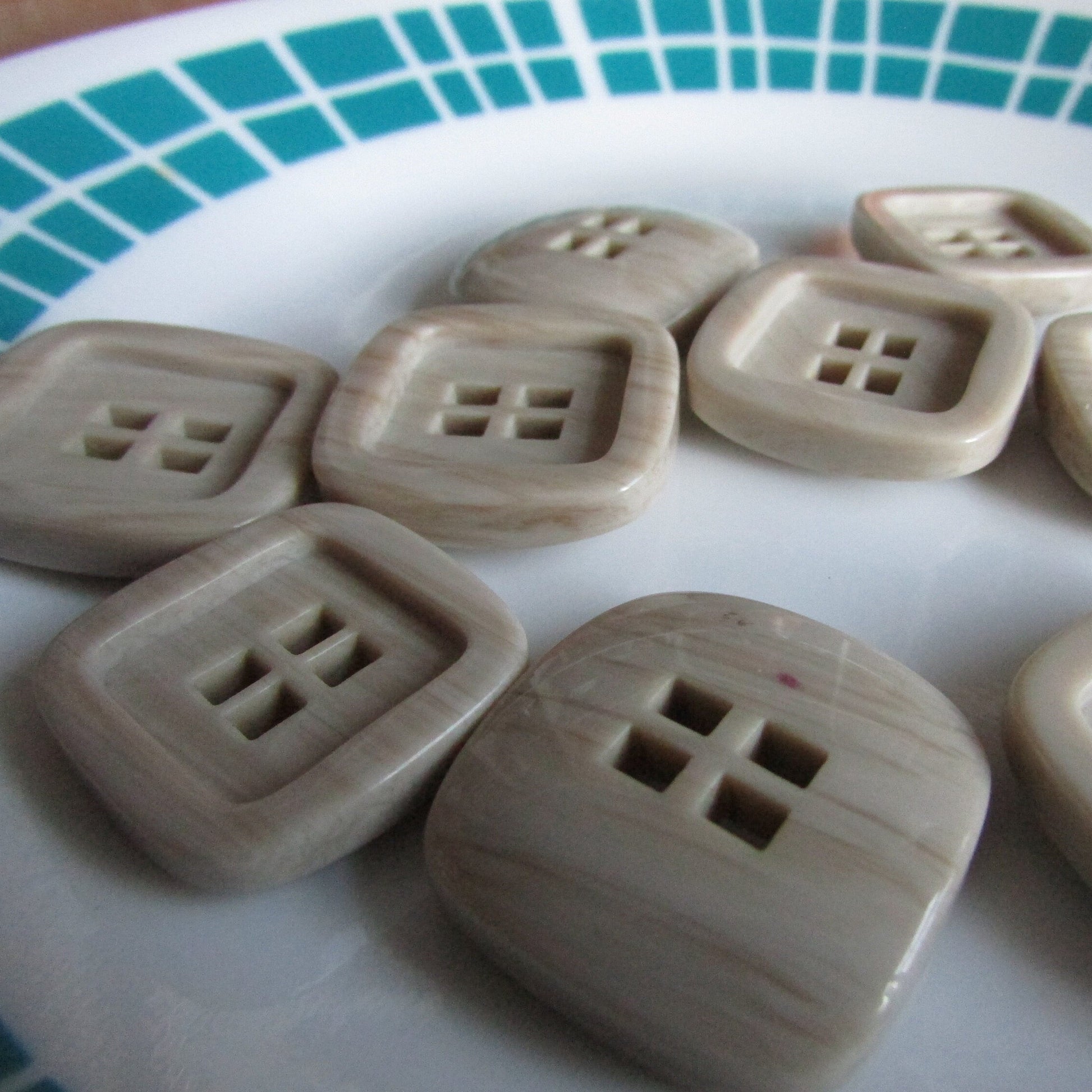9 vintage pale taupe/mushroom-coloured square plastic buttons