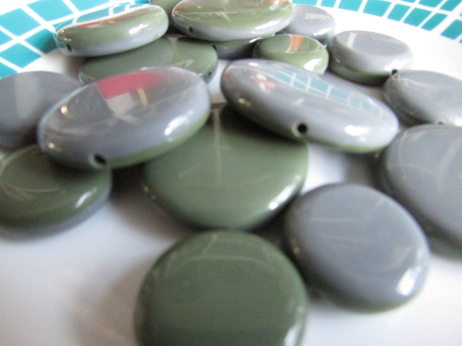 17 vintage double sided olive/grey flat disc beads