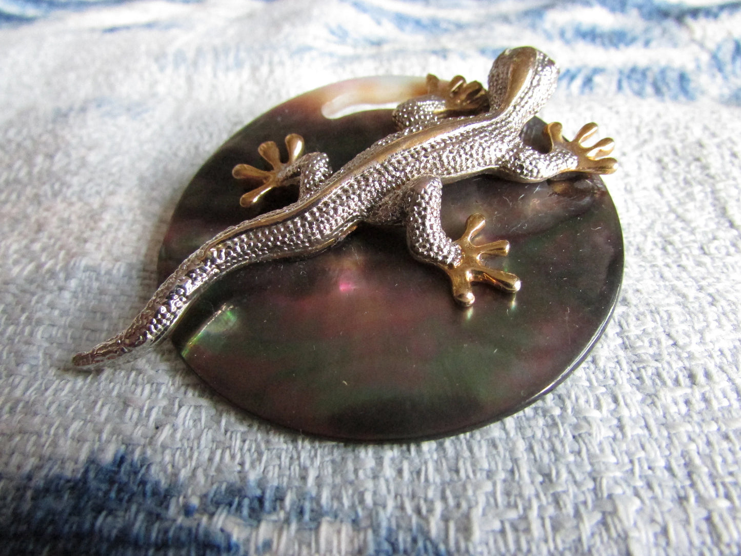 Home-made brooch using vintage silver & gold-tone gecko, and abalone round
