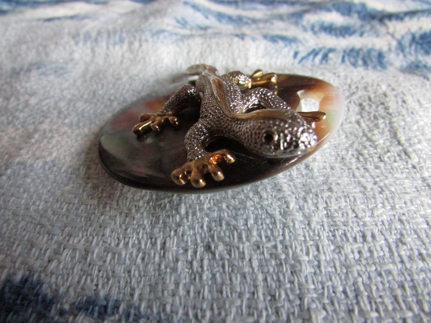 Home-made brooch using vintage silver & gold-tone gecko, and abalone round