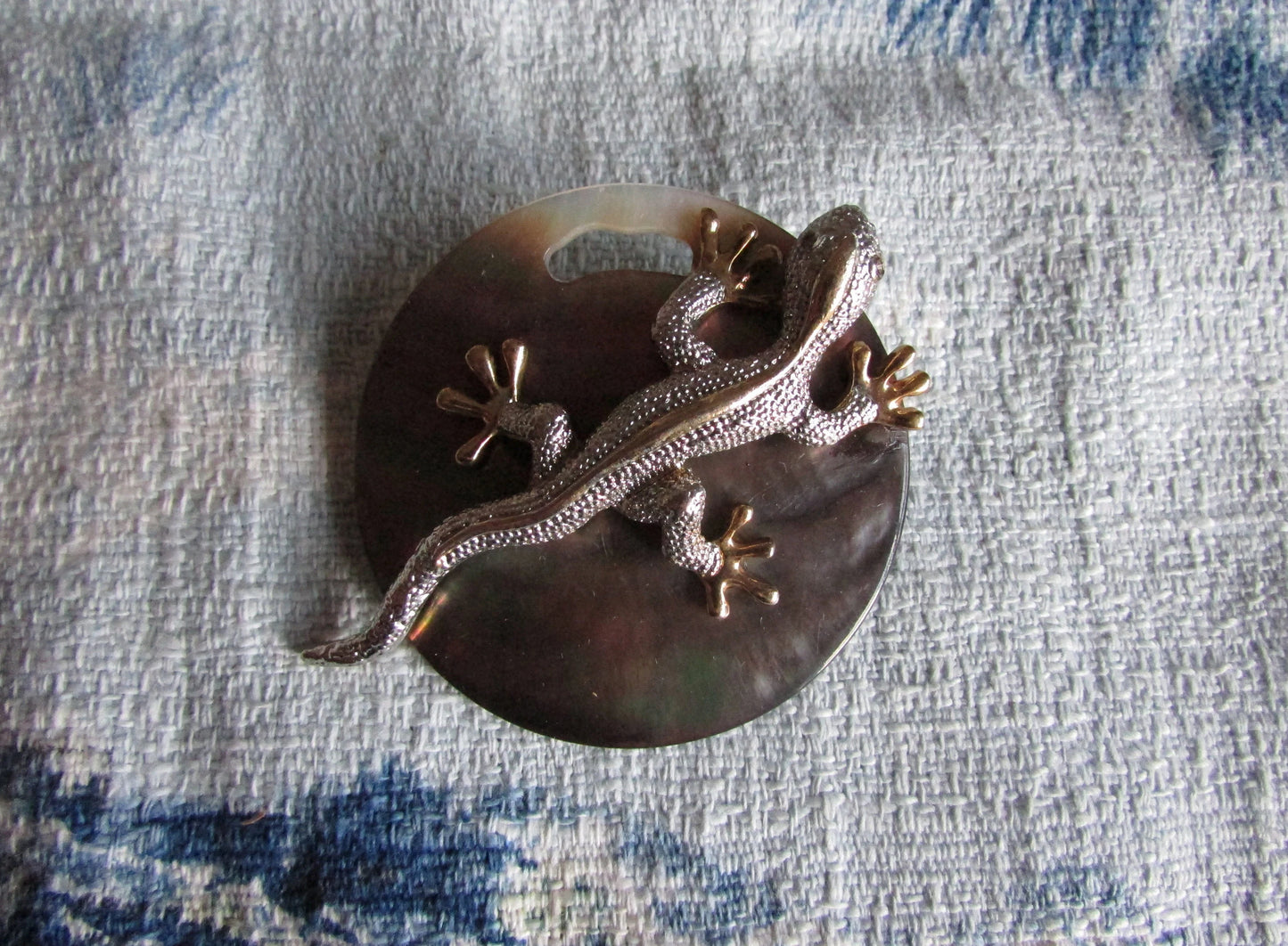 Home-made brooch using vintage silver & gold-tone gecko, and abalone round