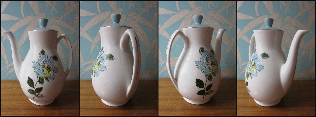 Mid-century Grindley England Broadhurst Bros Burslem blue rose patterned tea-set