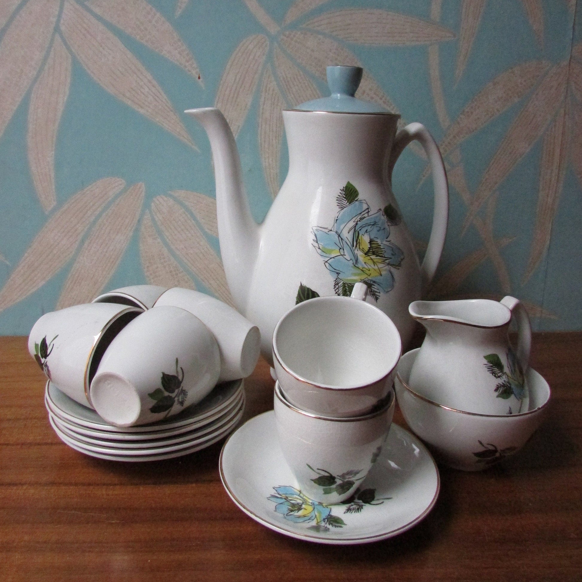 Mid-century Grindley England Broadhurst Bros Burslem blue rose patterned tea-set