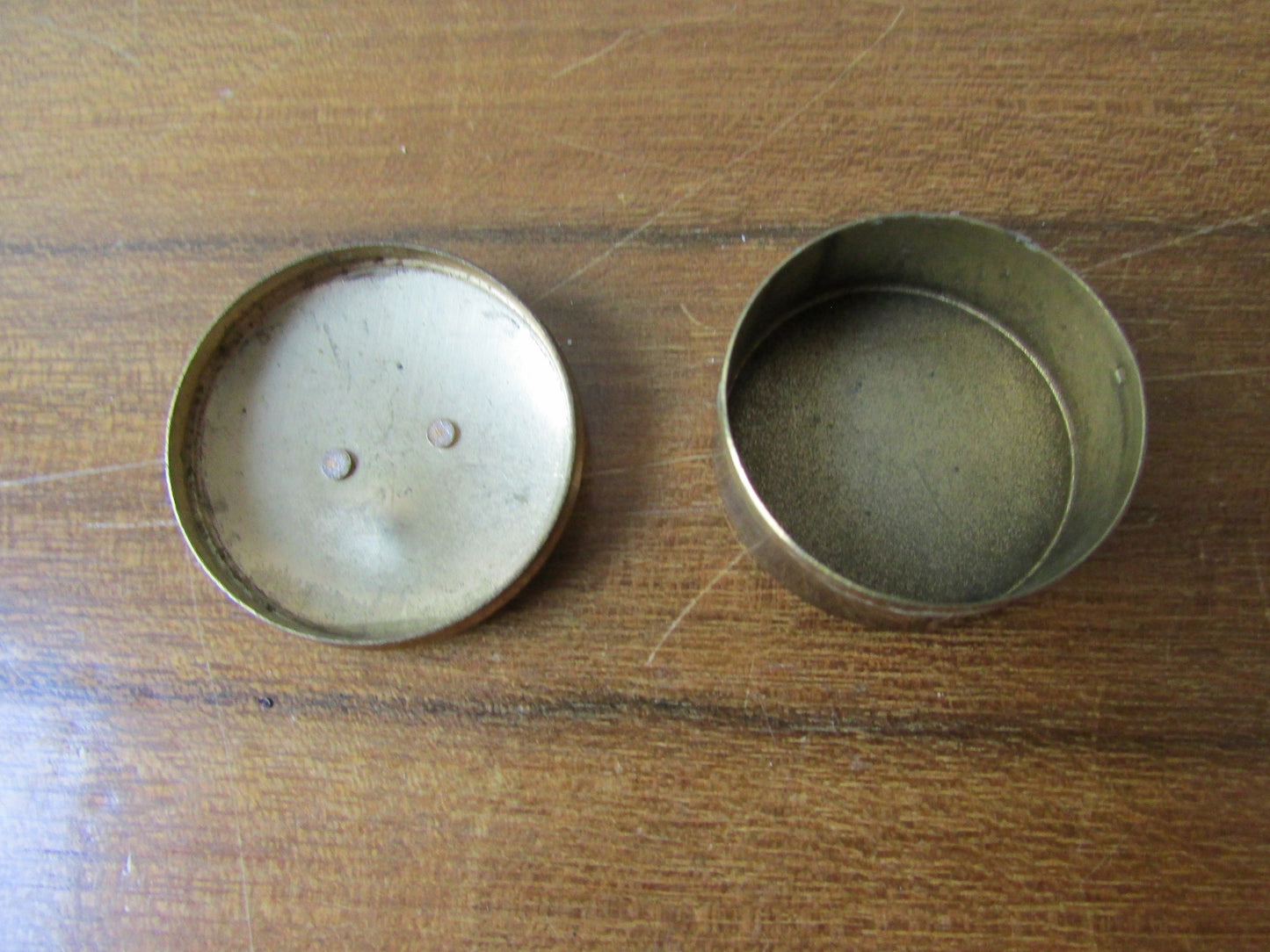 Small vintage brass-tone pill box, cute diamanté specs details