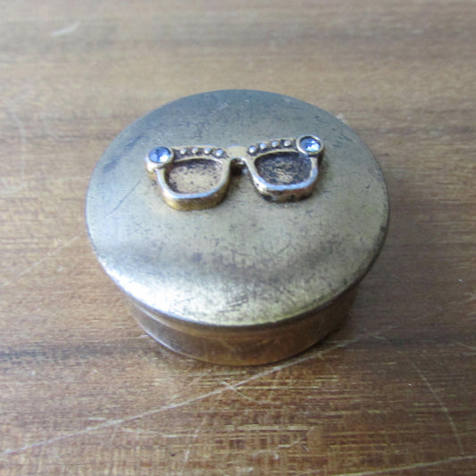 Small vintage brass-tone pill box, cute diamanté specs details
