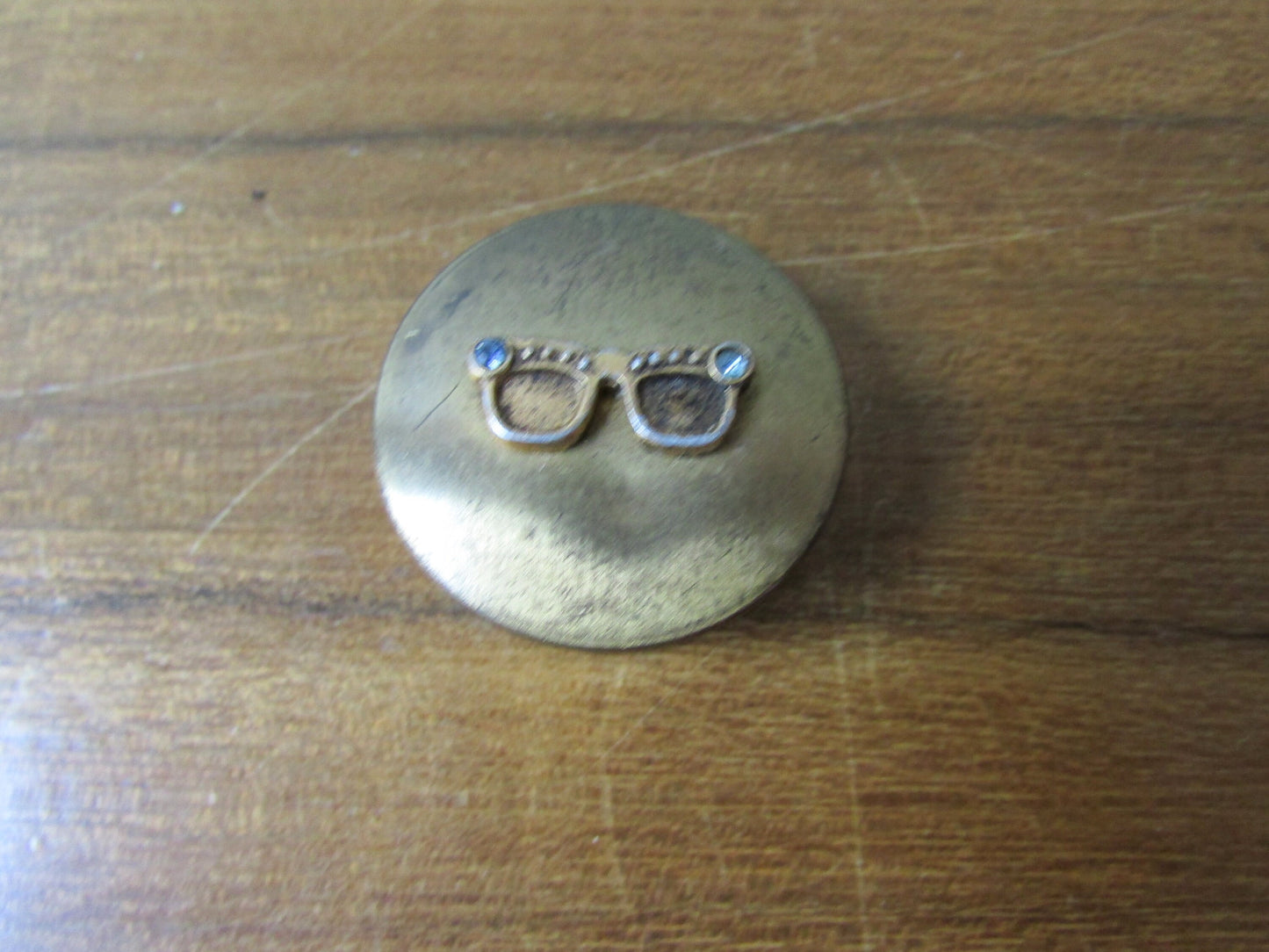 Small vintage brass-tone pill box, cute diamanté specs details