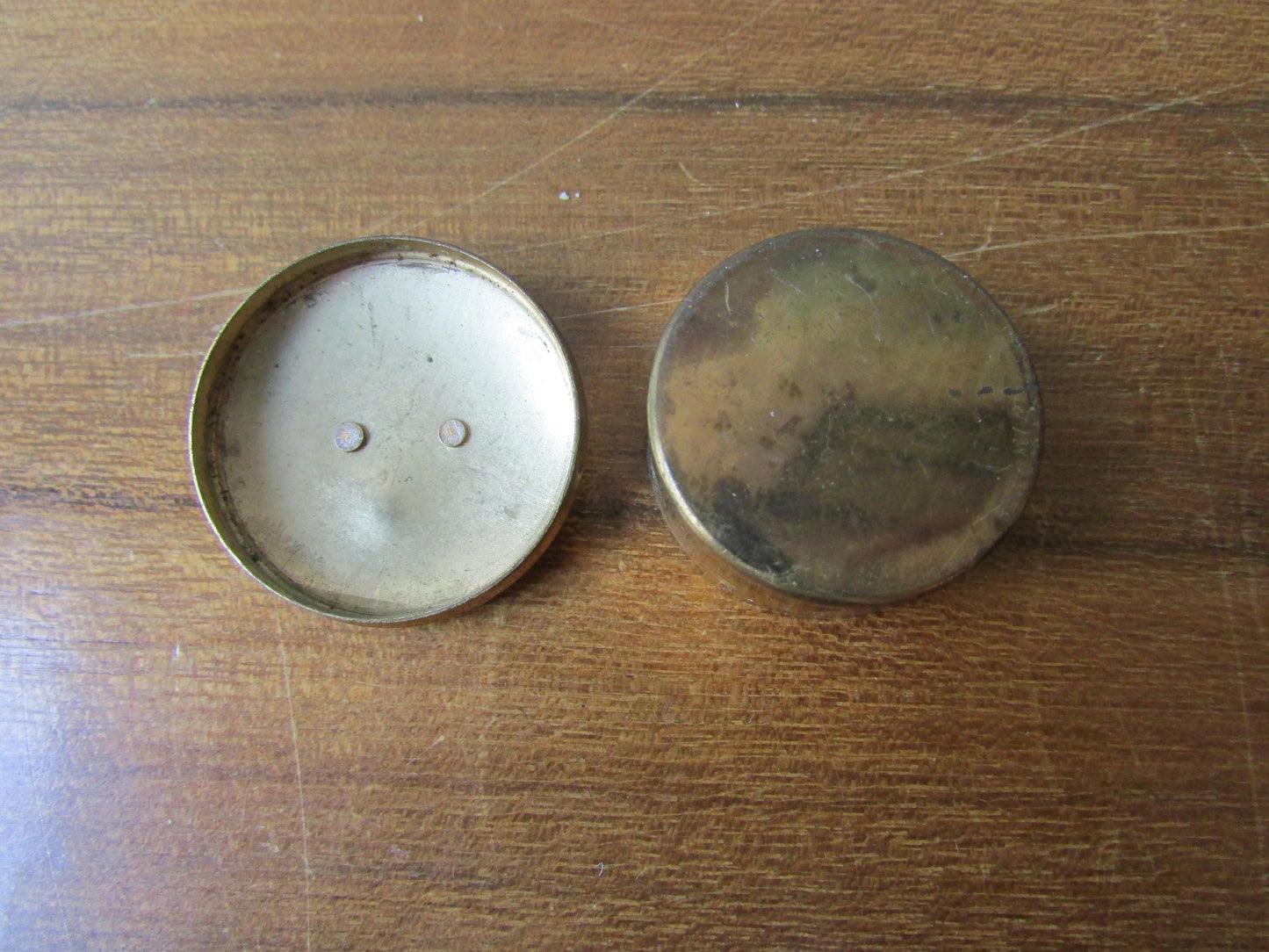 Small vintage brass-tone pill box, cute diamanté specs details