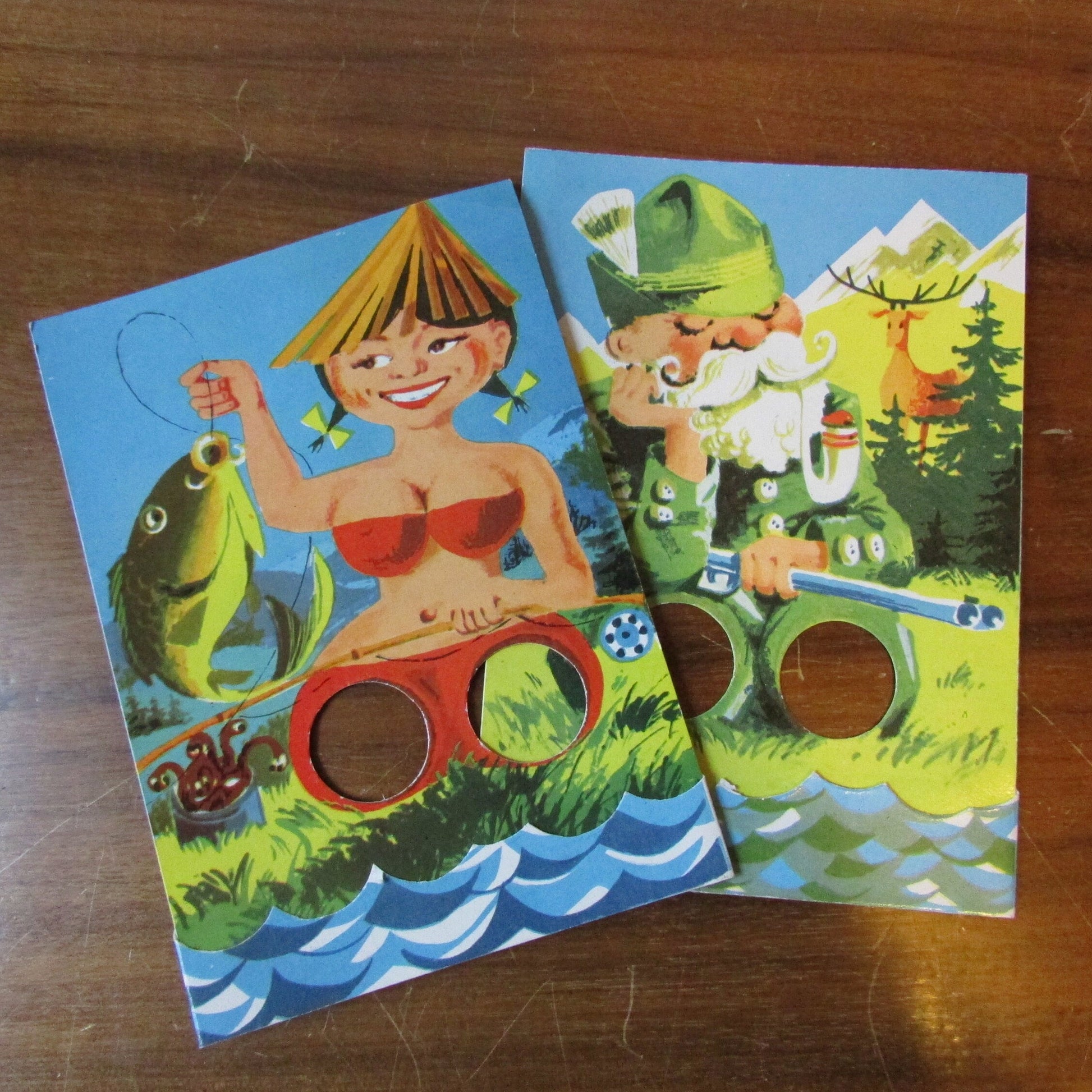 Pair of kitsch vintage Czechoslovakian finger hole postcards