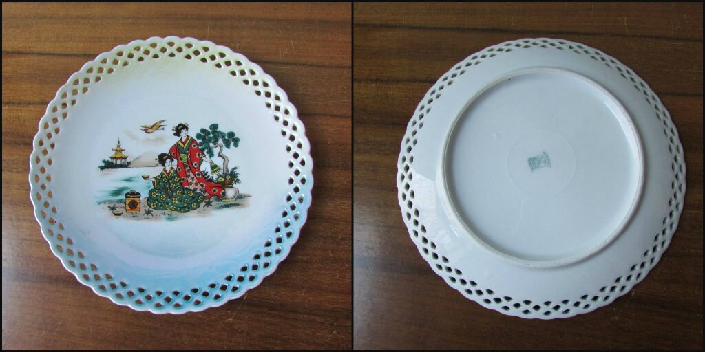 Set of 4 vintage Schumann Bavaria pierced-edge cake plates with Geisha design
