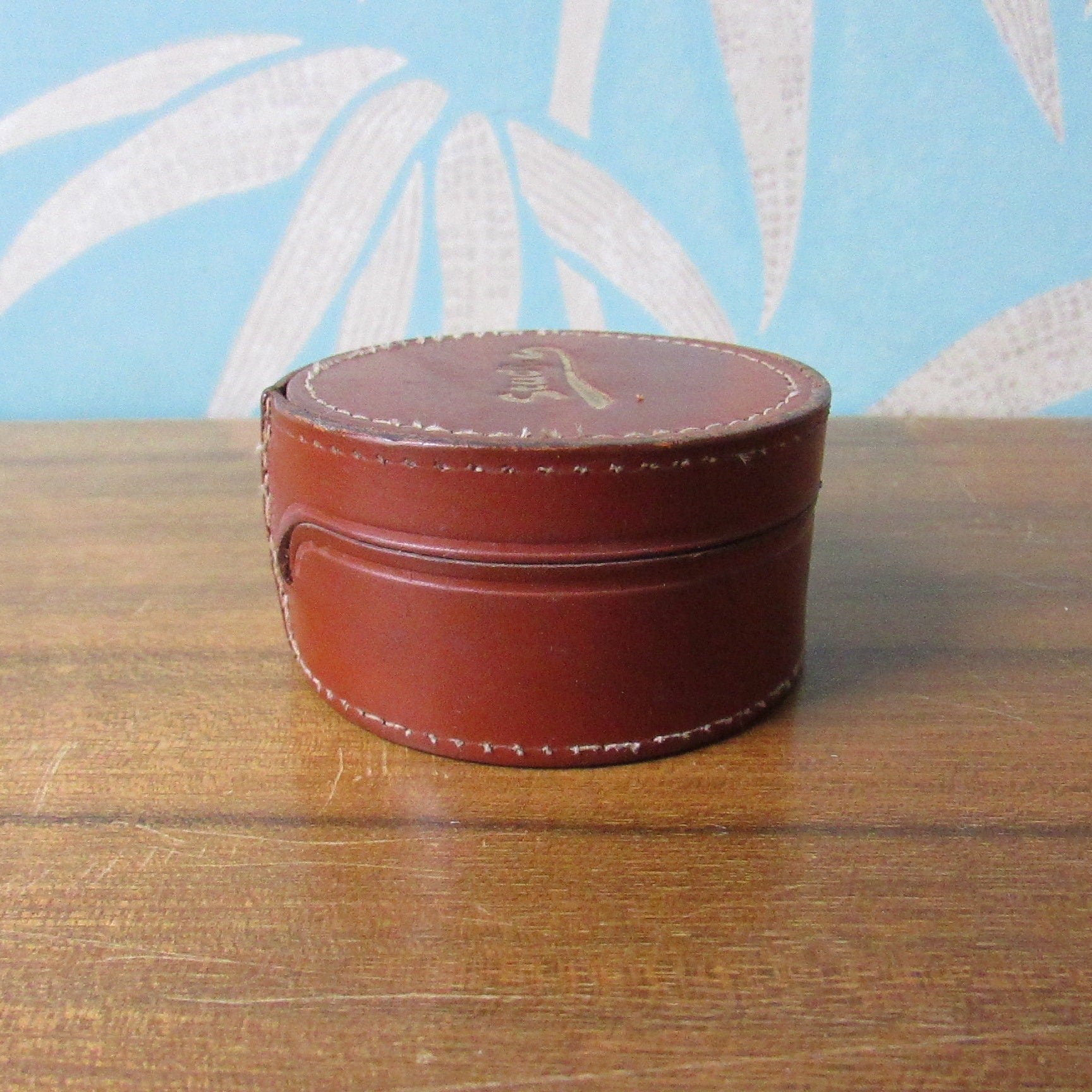 Vintage round brown leather "Studs" box, made in England