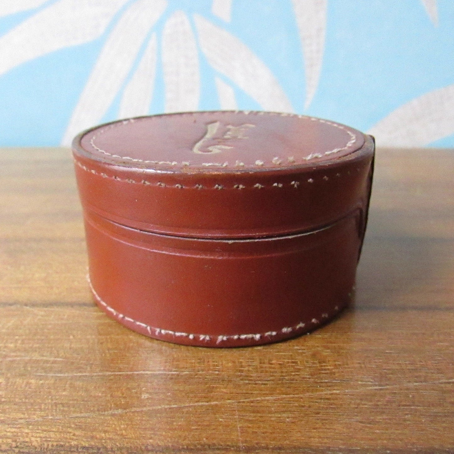Vintage round brown leather "Studs" box, made in England