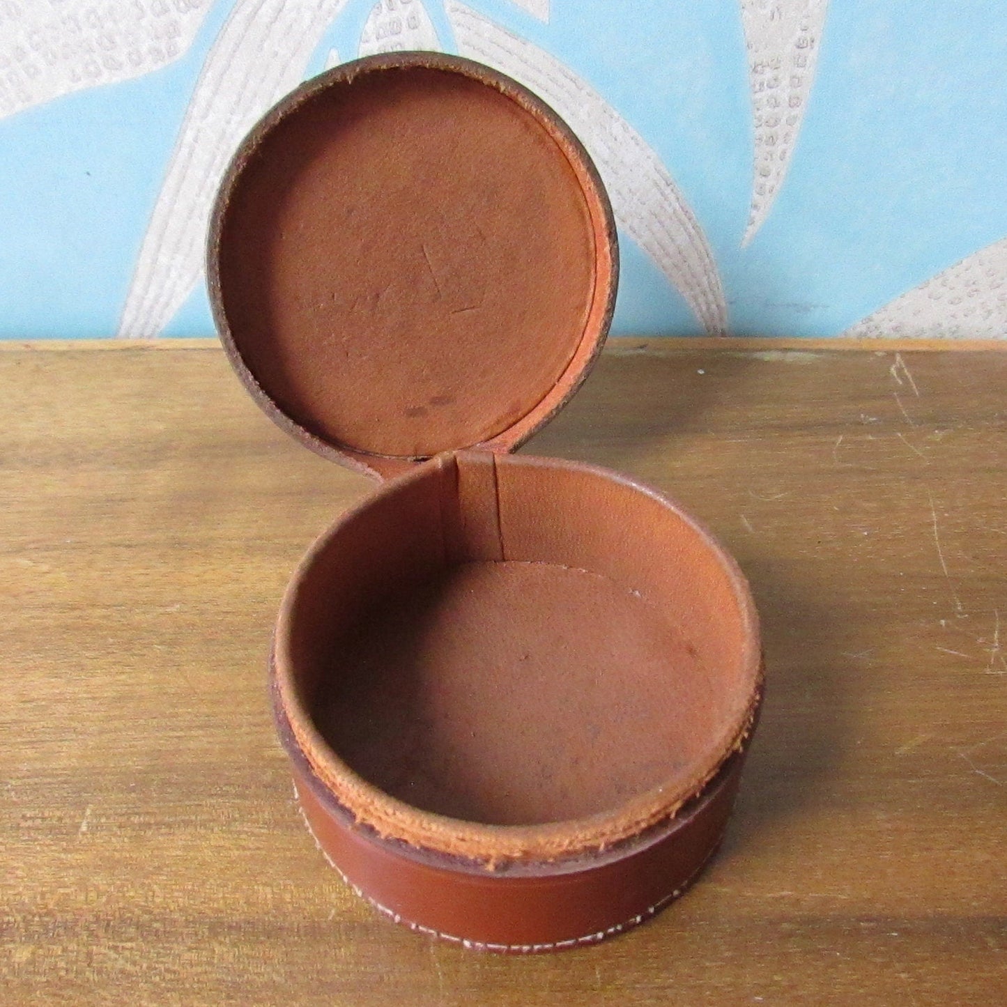 Vintage round brown leather "Studs" box, made in England