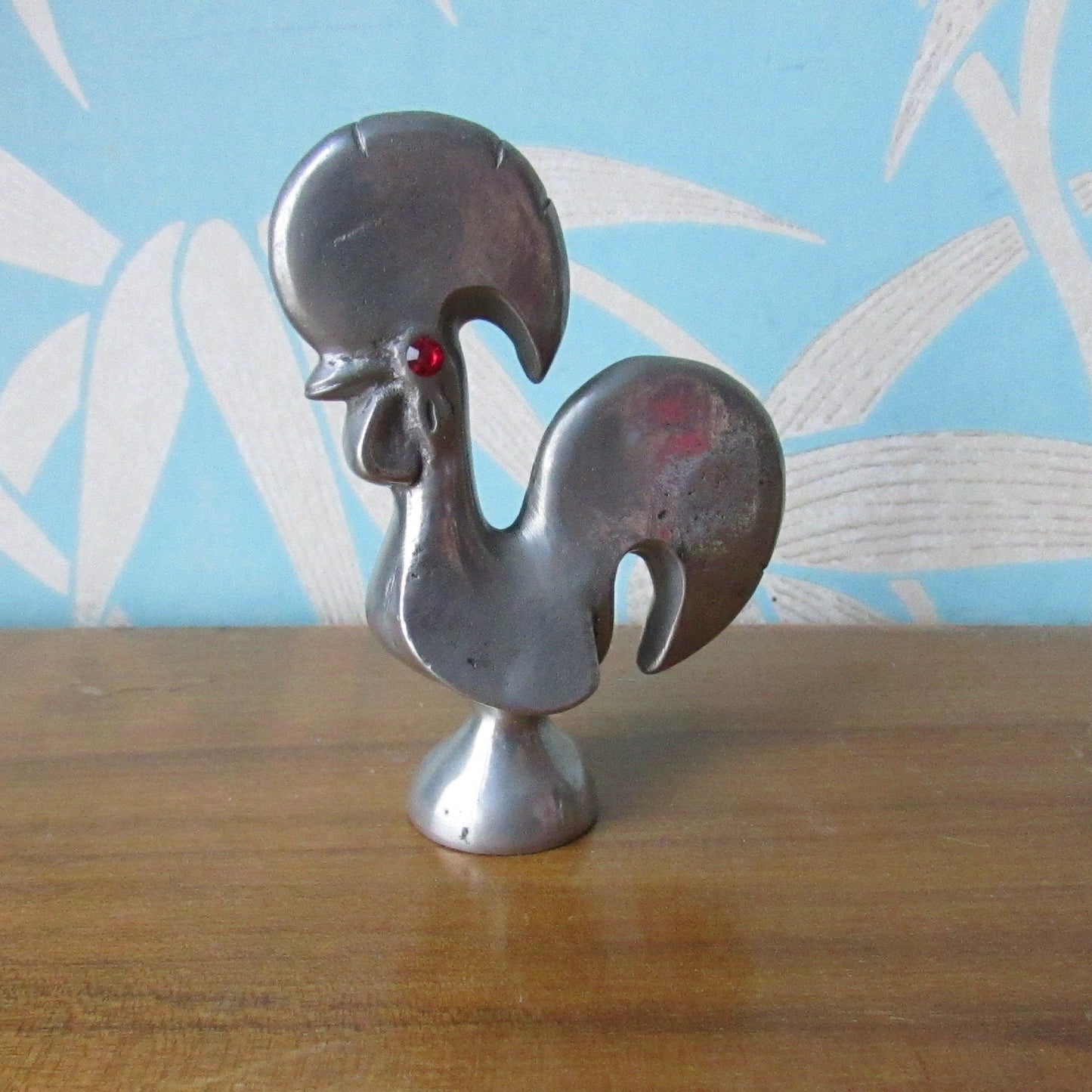 Vintage Santiago Estanho pewter rooster, ruby red rhinestone eye detail