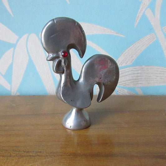 Vintage Santiago Estanho pewter rooster, ruby red rhinestone eye detail