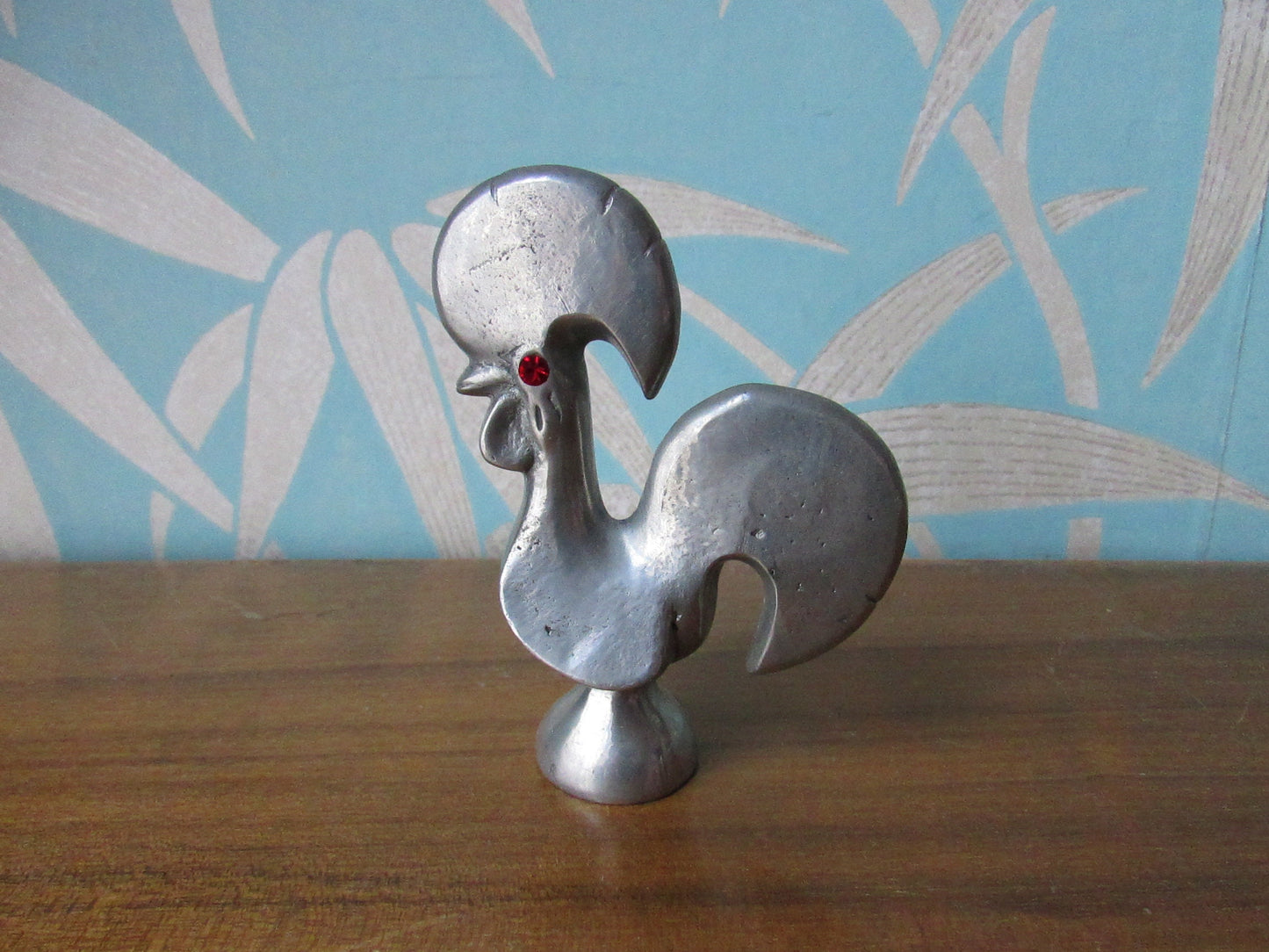 Vintage Santiago Estanho pewter rooster, ruby red rhinestone eye detail