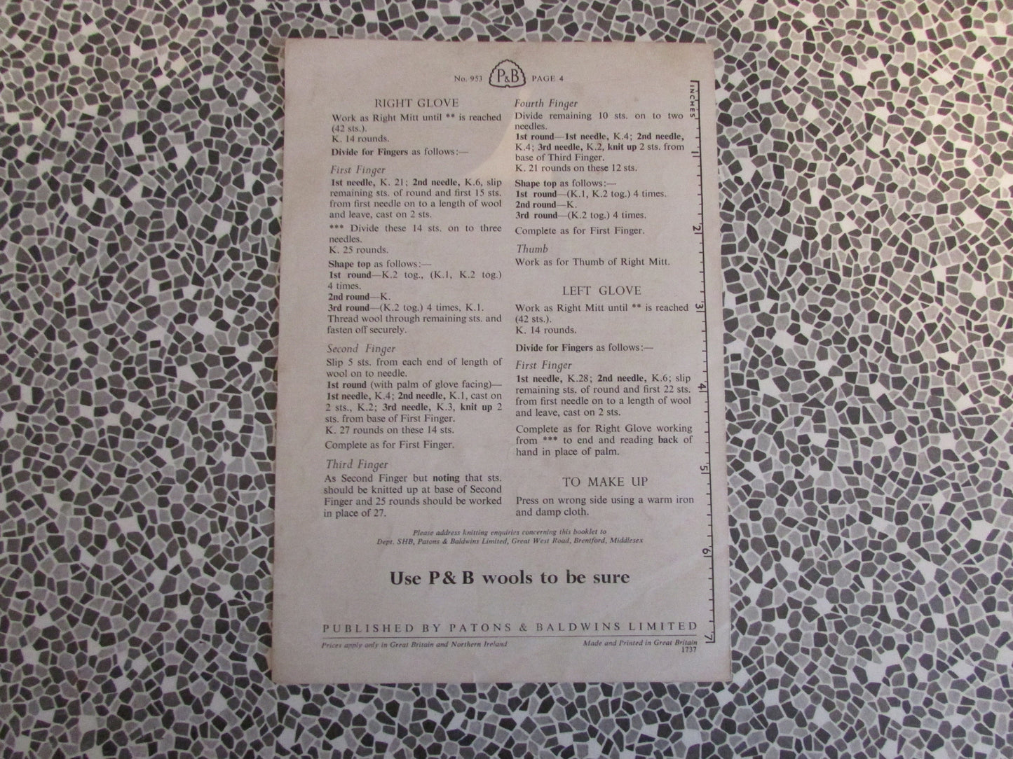 1950s P&B Wools 953 knitting pattern for ladies gloves and mitts