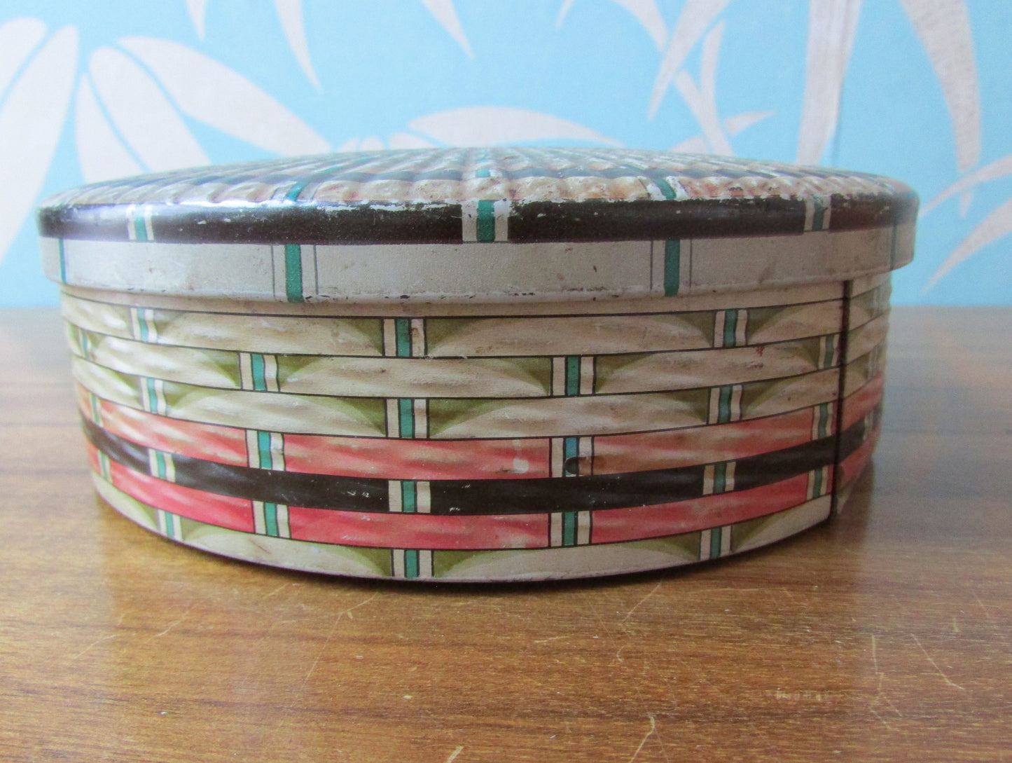 Vintage Edward Sharp & Sons Ltd round toffee tin, woven ribbon pattern
