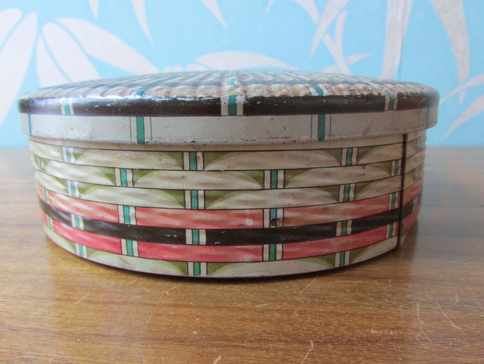 Vintage Edward Sharp & Sons Ltd round toffee tin, woven ribbon pattern
