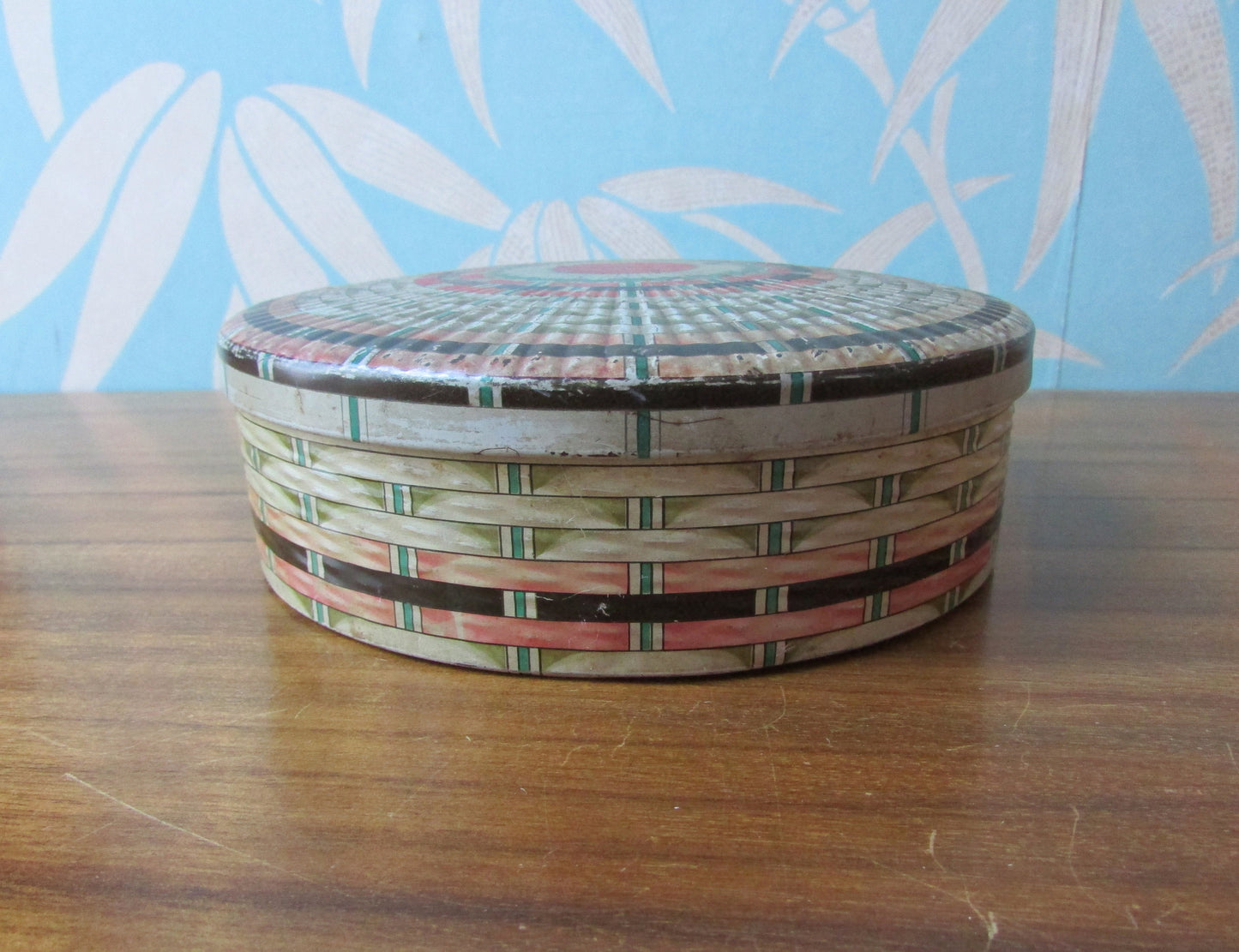 Vintage Edward Sharp & Sons Ltd round toffee tin, woven ribbon pattern