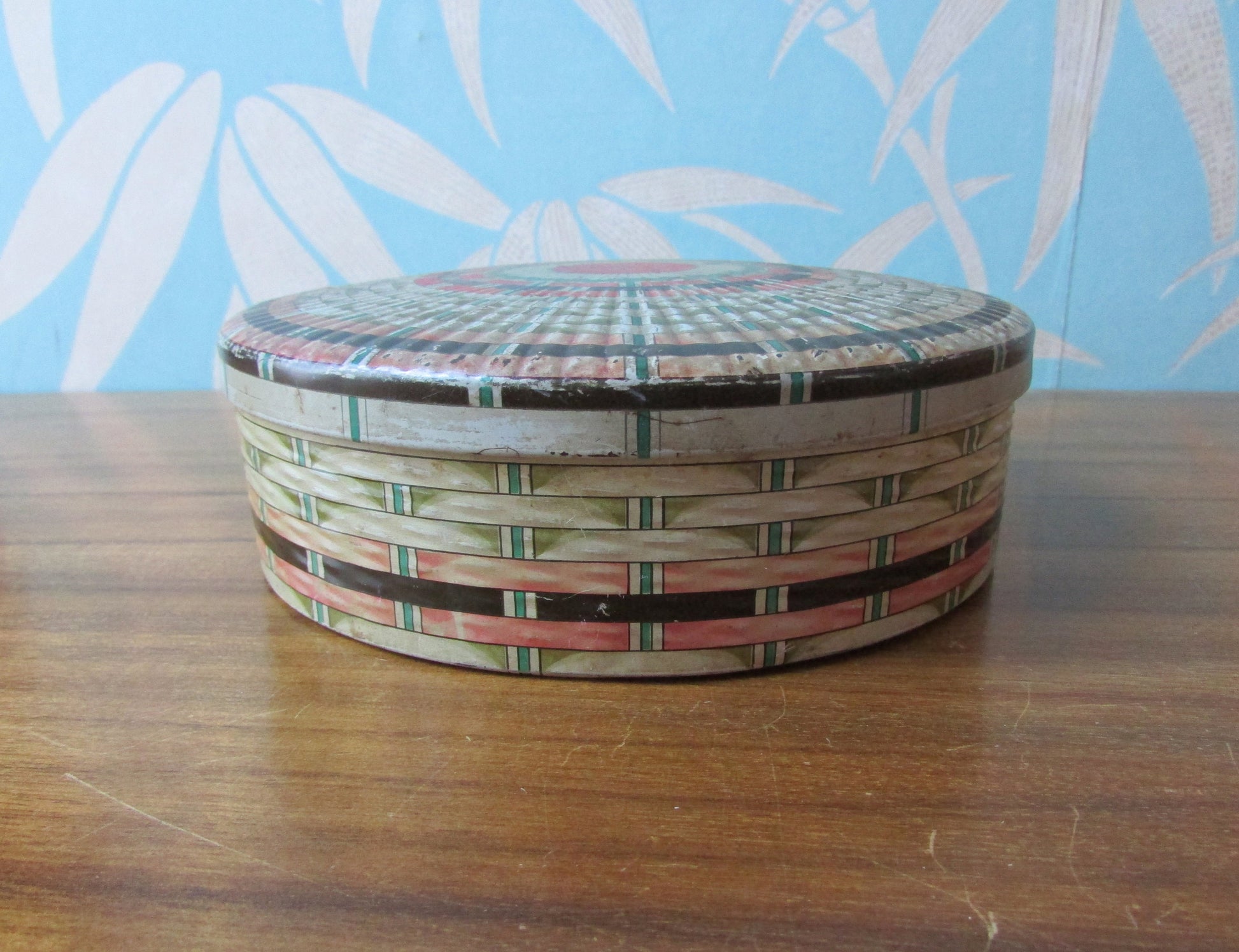 Vintage Edward Sharp & Sons Ltd round toffee tin, woven ribbon pattern