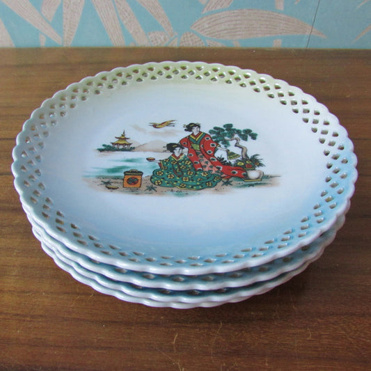 Set of 4 vintage Schumann Bavaria pierced-edge cake plates with Geisha design