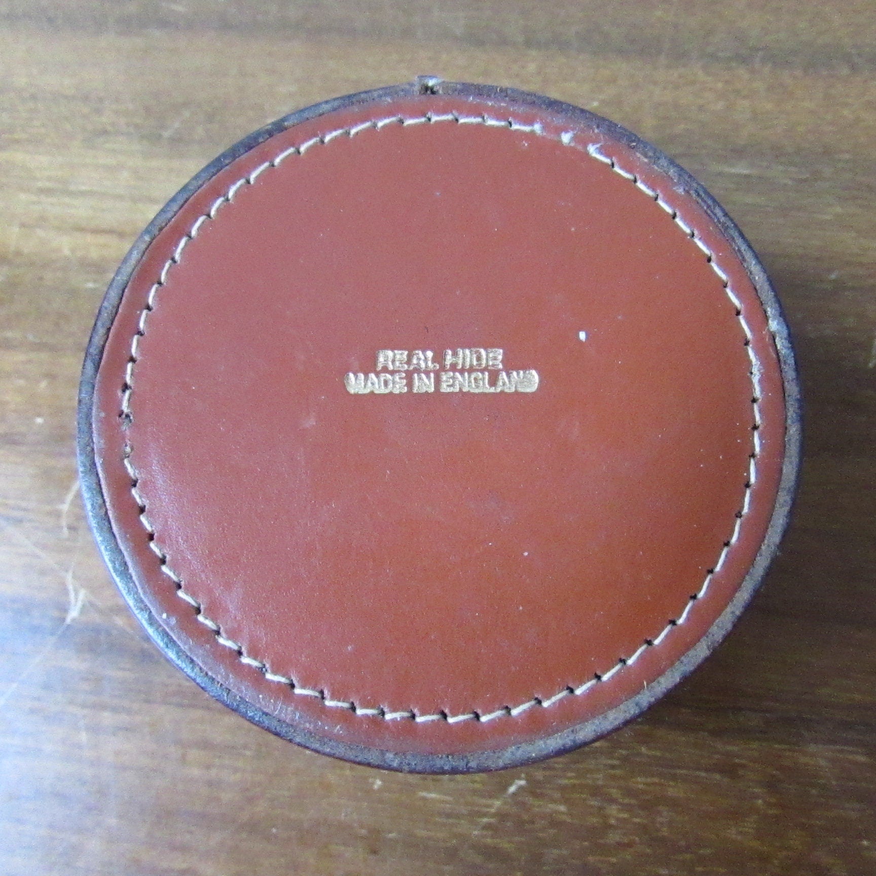 Vintage round brown leather "Studs" box, made in England