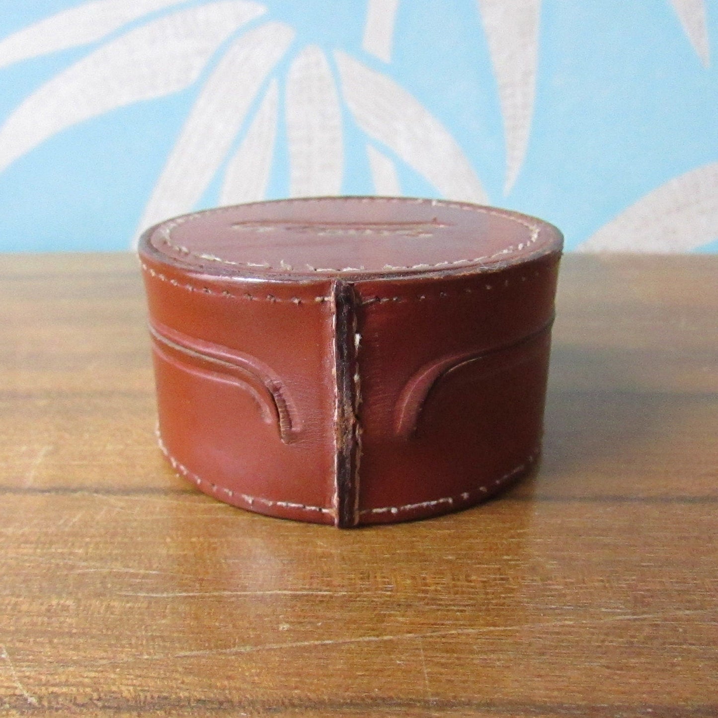 Vintage round brown leather "Studs" box, made in England