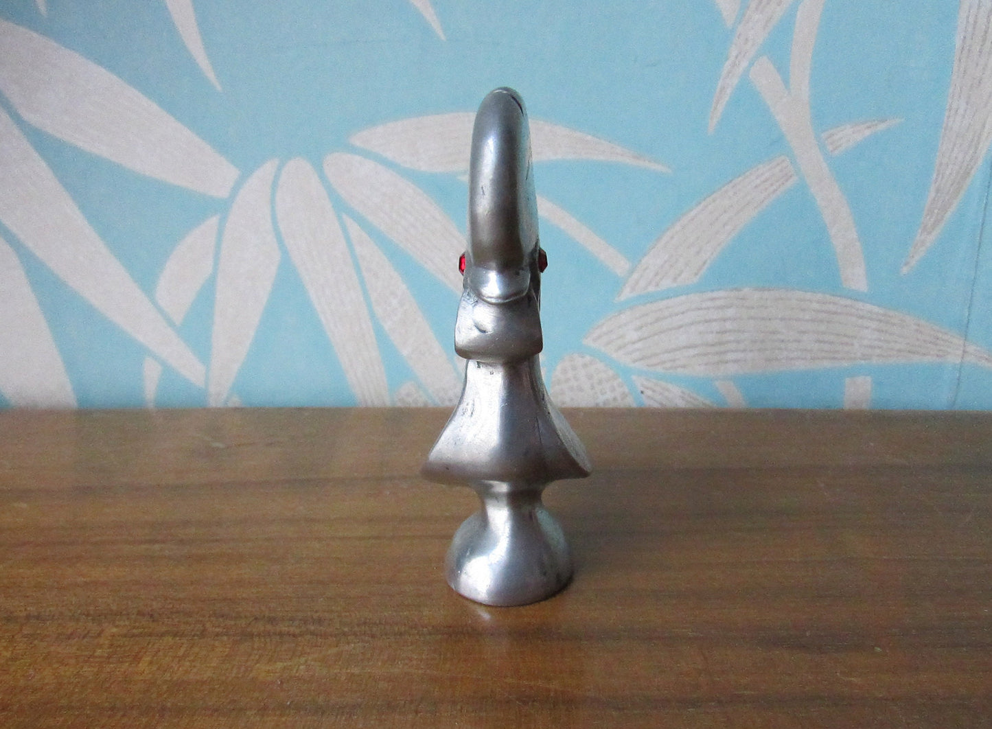 Vintage Santiago Estanho pewter rooster, ruby red rhinestone eye detail