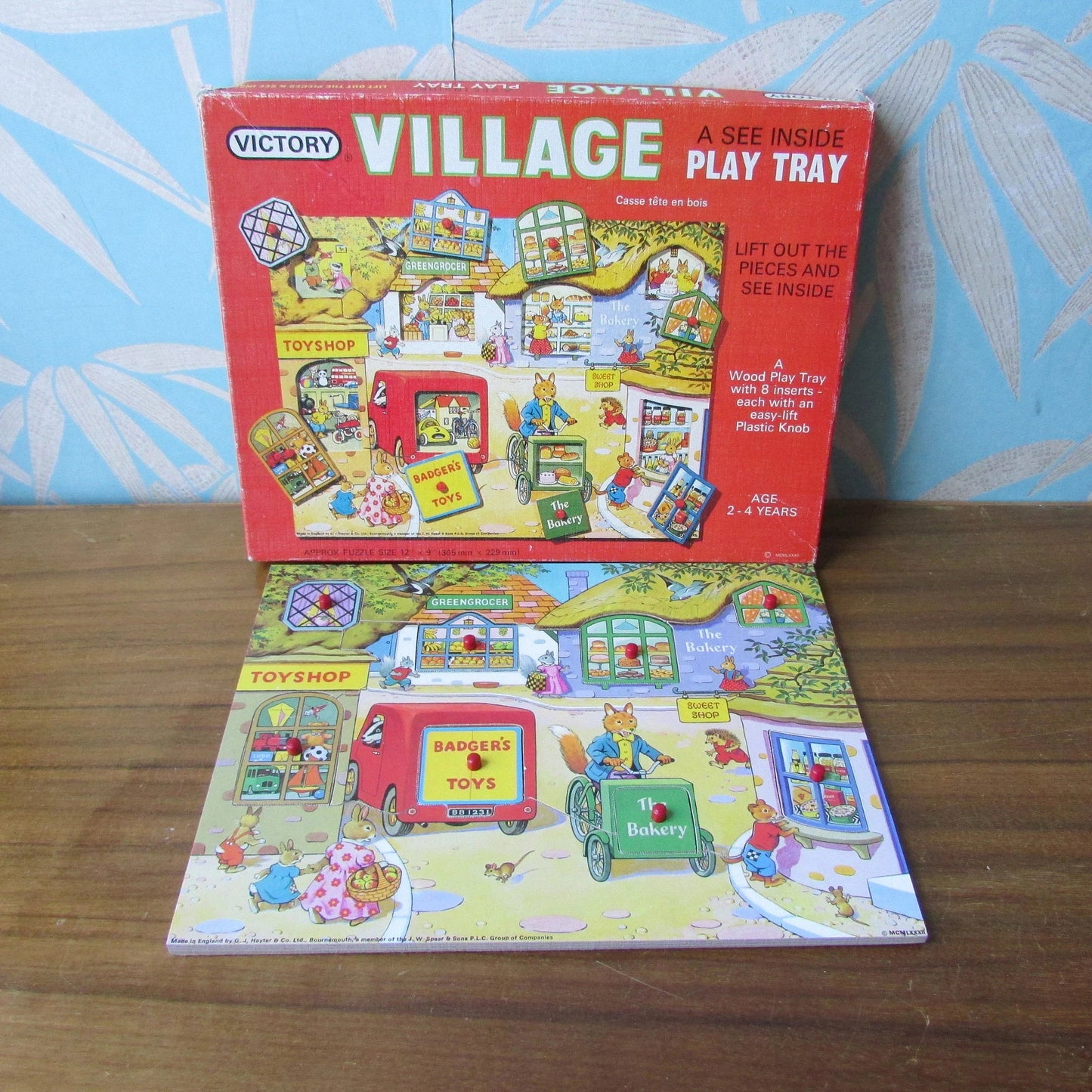 1982 Victory Village wood play tray with 8-inserts