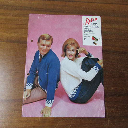 1960s Robin 1295 knitting pattern for his & her's check border sweater