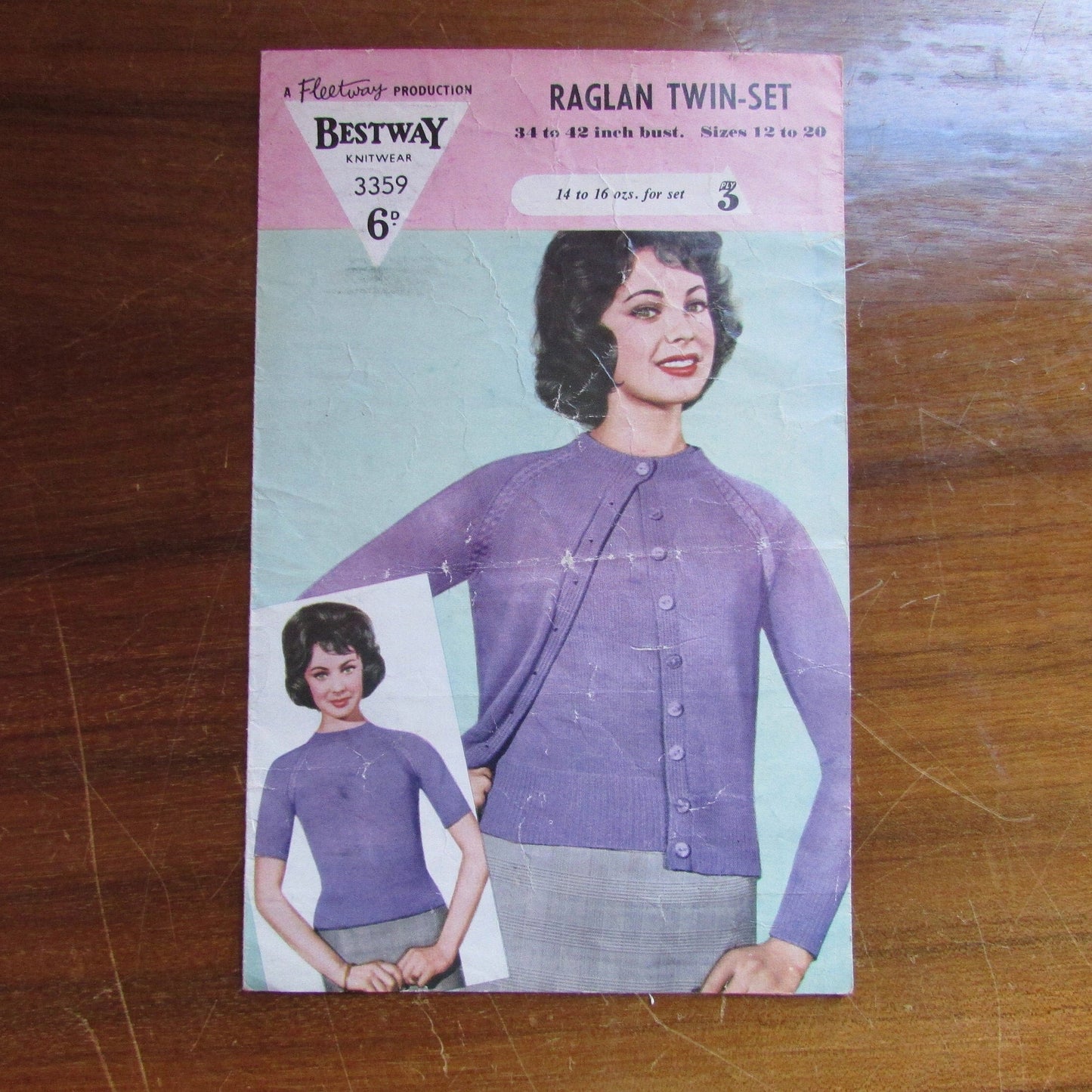 1960s Bestway 3359 knitting pattern for lady's Raglan twin-set