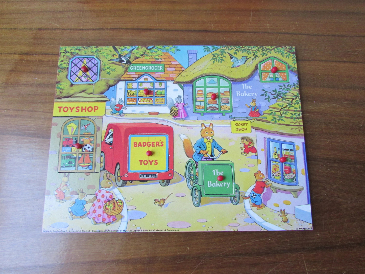 1982 Victory Village wood play tray with 8-inserts
