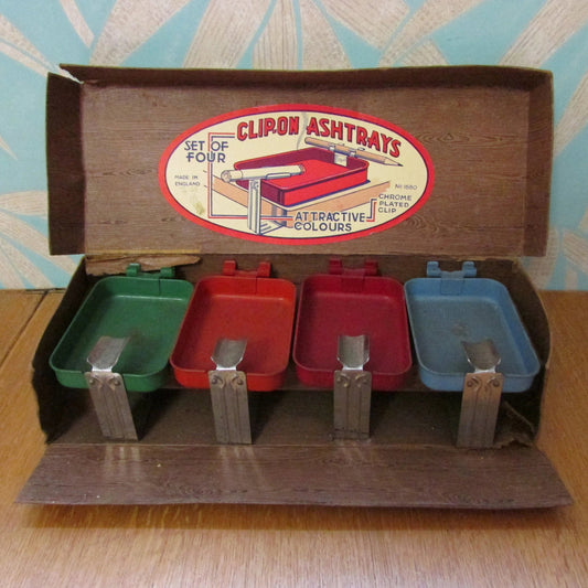 Set of 4 rare vintage coloured metal clip-on ashtrays, made in England