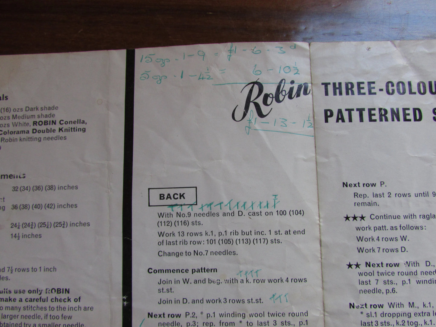 1960s Robin 1301 knitting pattern for three-colour patterned sweater