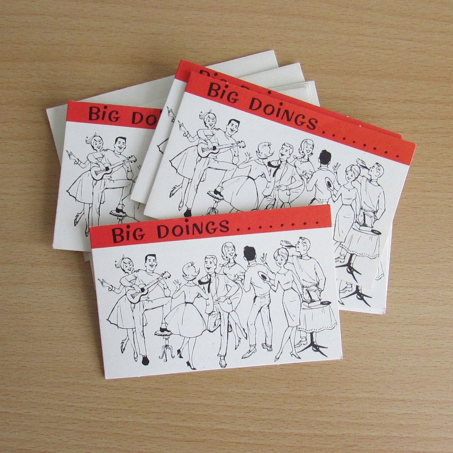Set of 6 mid-century Norcross "Big Doings..." party invitations with envelopes